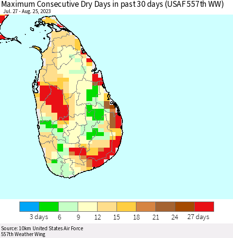 Sri Lanka Maximum Consecutive Dry Days in past 30 days (USAF 557th WW) 08/25/2023 Thematic Map For 8/21/2023 - 8/25/2023