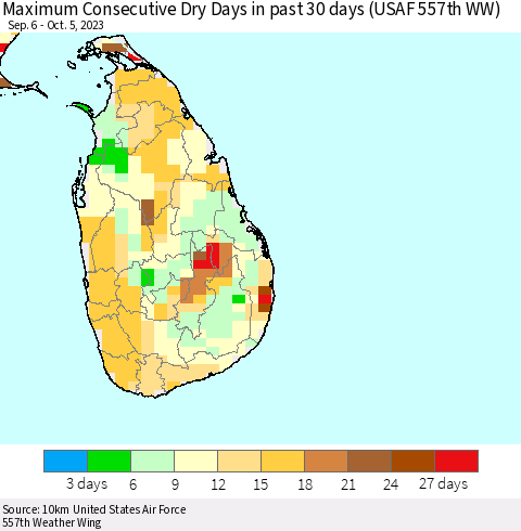 Sri Lanka Maximum Consecutive Dry Days in past 30 days (USAF 557th WW) 10/05/2023 Thematic Map For 10/1/2023 - 10/5/2023