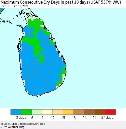 Sri Lanka Maximum Consecutive Dry Days in past 30 days (USAF 557th WW) 10/10/2023 Thematic Map For 10/6/2023 - 10/10/2023