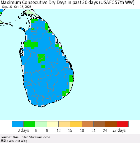 Sri Lanka Maximum Consecutive Dry Days in past 30 days (USAF 557th WW) 10/15/2023 Thematic Map For 10/11/2023 - 10/15/2023