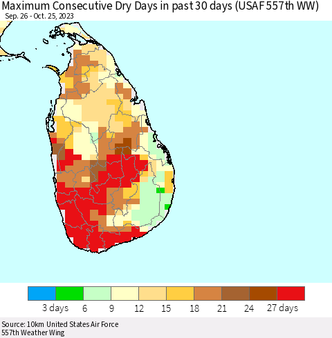 Sri Lanka Maximum Consecutive Dry Days in past 30 days (USAF 557th WW) 10/25/2023 Thematic Map For 10/21/2023 - 10/25/2023