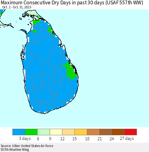 Sri Lanka Maximum Consecutive Dry Days in past 30 days (USAF 557th WW) 10/31/2023 Thematic Map For 10/26/2023 - 10/31/2023