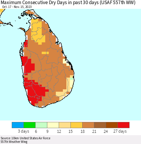 Sri Lanka Maximum Consecutive Dry Days in past 30 days (USAF 557th WW) 11/15/2023 Thematic Map For 11/11/2023 - 11/15/2023