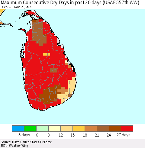 Sri Lanka Maximum Consecutive Dry Days in past 30 days (USAF 557th WW) 11/25/2023 Thematic Map For 11/21/2023 - 11/25/2023