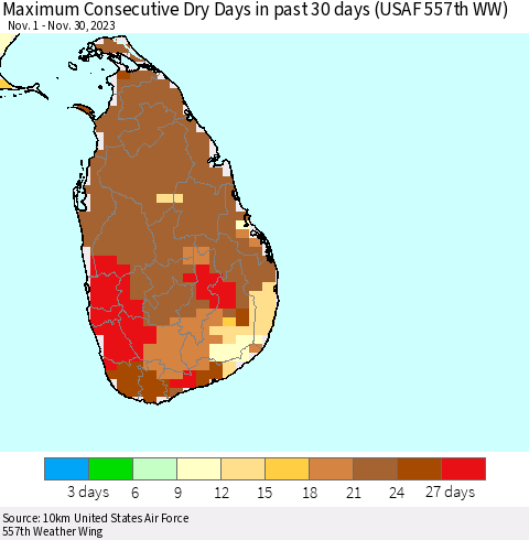 Sri Lanka Maximum Consecutive Dry Days in past 30 days (USAF 557th WW) 11/30/2023 Thematic Map For 11/26/2023 - 11/30/2023
