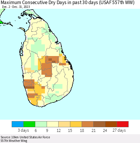 Sri Lanka Maximum Consecutive Dry Days in past 30 days (USAF 557th WW) 12/31/2023 Thematic Map For 12/26/2023 - 12/31/2023