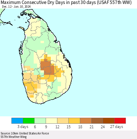 Sri Lanka Maximum Consecutive Dry Days in past 30 days (USAF 557th WW) 01/10/2024 Thematic Map For 1/6/2024 - 1/10/2024