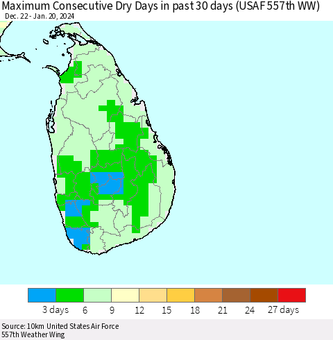 Sri Lanka Maximum Consecutive Dry Days in past 30 days (USAF 557th WW) 01/20/2024 Thematic Map For 1/16/2024 - 1/20/2024
