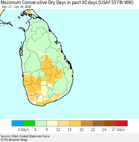 Sri Lanka Maximum Consecutive Dry Days in past 30 days (USAF 557th WW) 01/25/2024 Thematic Map For 1/21/2024 - 1/25/2024