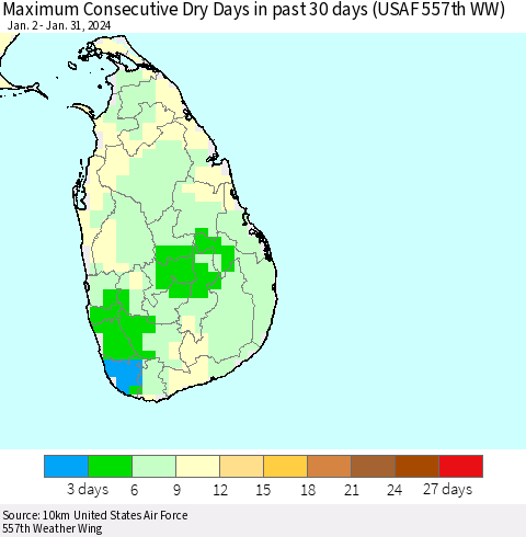 Sri Lanka Maximum Consecutive Dry Days in past 30 days (USAF 557th WW) 01/31/2024 Thematic Map For 1/26/2024 - 1/31/2024