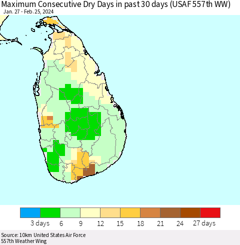 Sri Lanka Maximum Consecutive Dry Days in past 30 days (USAF 557th WW) 02/25/2024 Thematic Map For 2/21/2024 - 2/25/2024