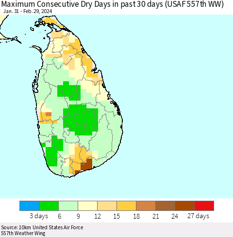 Sri Lanka Maximum Consecutive Dry Days in past 30 days (USAF 557th WW) 02/29/2024 Thematic Map For 2/26/2024 - 2/29/2024