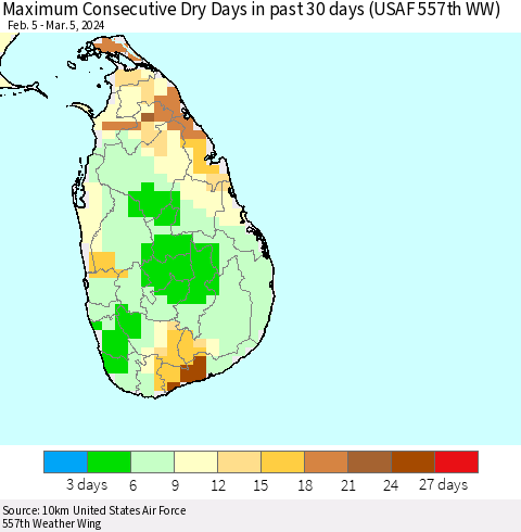 Sri Lanka Maximum Consecutive Dry Days in past 30 days (USAF 557th WW) 03/05/2024 Thematic Map For 3/1/2024 - 3/5/2024