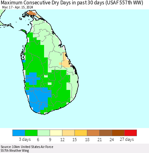 Sri Lanka Maximum Consecutive Dry Days in past 30 days (USAF 557th WW) 04/15/2024 Thematic Map For 4/11/2024 - 4/15/2024