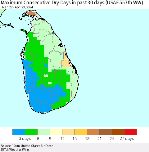 Sri Lanka Maximum Consecutive Dry Days in past 30 days (USAF 557th WW) 04/20/2024 Thematic Map For 4/16/2024 - 4/20/2024