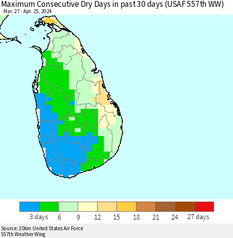 Sri Lanka Maximum Consecutive Dry Days in past 30 days (USAF 557th WW) 04/25/2024 Thematic Map For 4/21/2024 - 4/25/2024