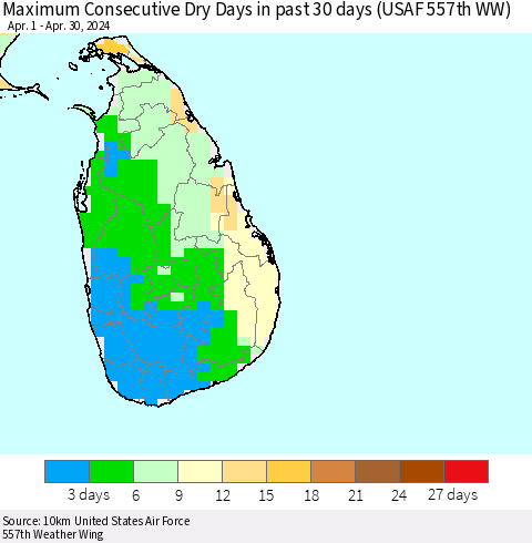 Sri Lanka Maximum Consecutive Dry Days in past 30 days (USAF 557th WW) 04/30/2024 Thematic Map For 4/26/2024 - 4/30/2024