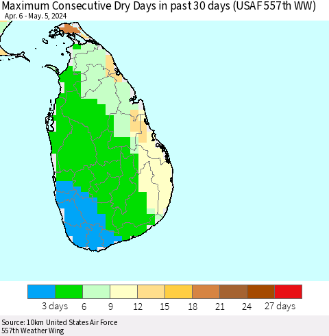 Sri Lanka Maximum Consecutive Dry Days in past 30 days (USAF 557th WW) 05/05/2024 Thematic Map For 5/1/2024 - 5/5/2024