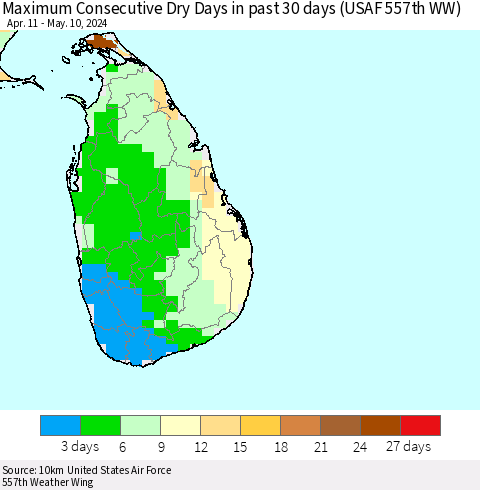 Sri Lanka Maximum Consecutive Dry Days in past 30 days (USAF 557th WW) 05/10/2024 Thematic Map For 5/6/2024 - 5/10/2024