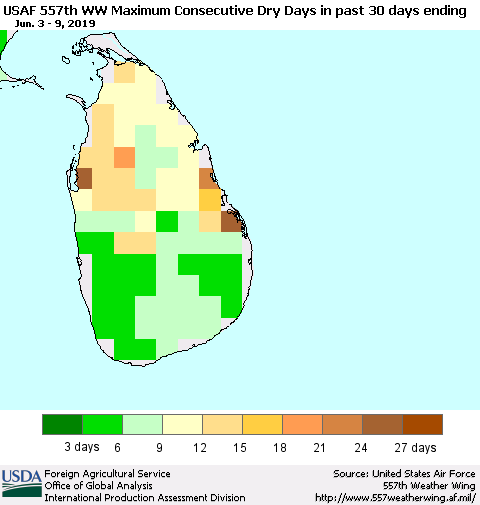 Sri Lanka Maximum Consecutive Dry Days in past 30 days (USAF 557th WW) 06/09/2019 Thematic Map For 6/3/2019 - 6/9/2019