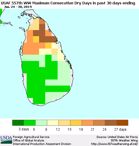 Sri Lanka Maximum Consecutive Dry Days in past 30 days (USAF 557th WW) 06/30/2019 Thematic Map For 6/24/2019 - 6/30/2019