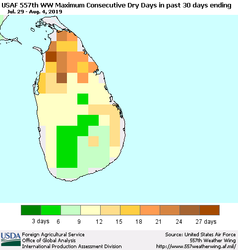 Sri Lanka Maximum Consecutive Dry Days in past 30 days (USAF 557th WW) 08/04/2019 Thematic Map For 7/29/2019 - 8/4/2019