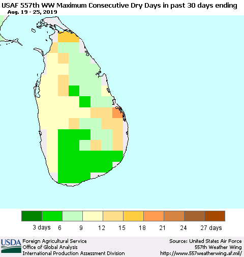 Sri Lanka Maximum Consecutive Dry Days in past 30 days (USAF 557th WW) 08/25/2019 Thematic Map For 8/19/2019 - 8/25/2019