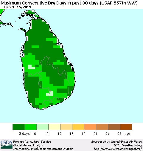 Sri Lanka Maximum Consecutive Dry Days in past 30 days (USAF 557th WW) 12/15/2019 Thematic Map For 12/9/2019 - 12/15/2019