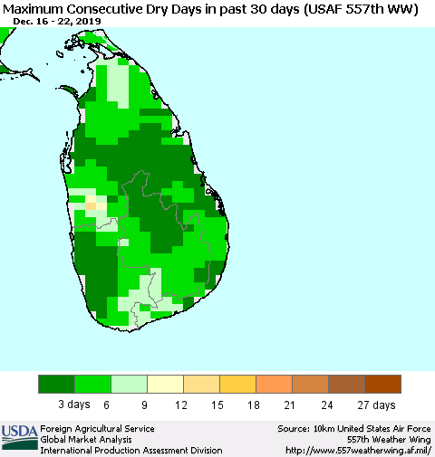 Sri Lanka Maximum Consecutive Dry Days in past 30 days (USAF 557th WW) 12/22/2019 Thematic Map For 12/16/2019 - 12/22/2019