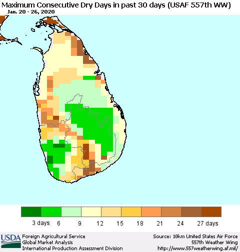 Sri Lanka Maximum Consecutive Dry Days in past 30 days (USAF 557th WW) 01/26/2020 Thematic Map For 1/20/2020 - 1/26/2020