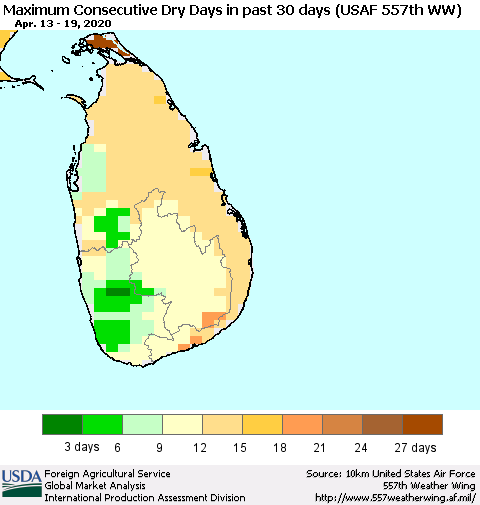 Sri Lanka Maximum Consecutive Dry Days in past 30 days (USAF 557th WW) 04/19/2020 Thematic Map For 4/13/2020 - 4/19/2020
