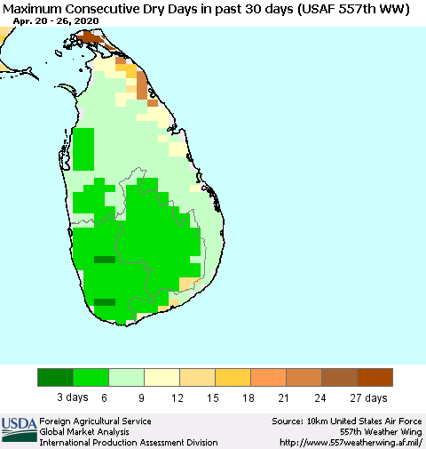 Sri Lanka Maximum Consecutive Dry Days in past 30 days (USAF 557th WW) 04/26/2020 Thematic Map For 4/20/2020 - 4/26/2020