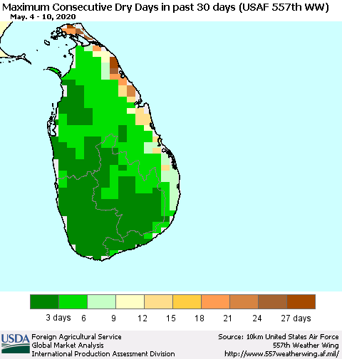 Sri Lanka Maximum Consecutive Dry Days in past 30 days (USAF 557th WW) 05/10/2020 Thematic Map For 5/4/2020 - 5/10/2020