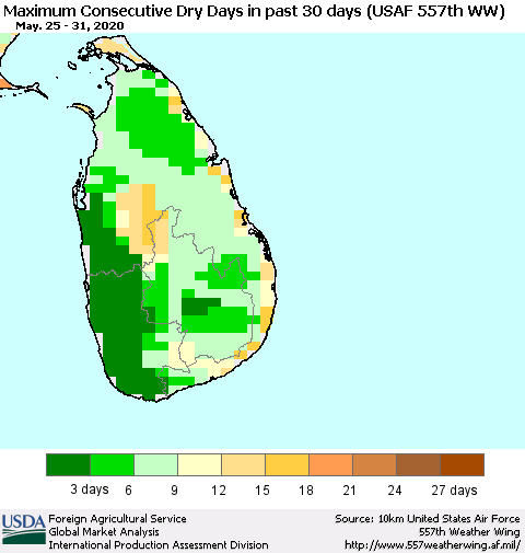 Sri Lanka Maximum Consecutive Dry Days in past 30 days (USAF 557th WW) 05/31/2020 Thematic Map For 5/25/2020 - 5/31/2020