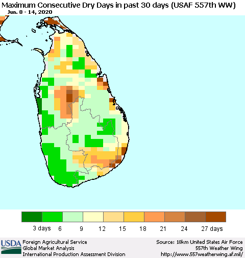 Sri Lanka Maximum Consecutive Dry Days in past 30 days (USAF 557th WW) 06/14/2020 Thematic Map For 6/8/2020 - 6/14/2020