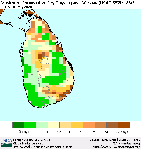 Sri Lanka Maximum Consecutive Dry Days in past 30 days (USAF 557th WW) 06/21/2020 Thematic Map For 6/15/2020 - 6/21/2020