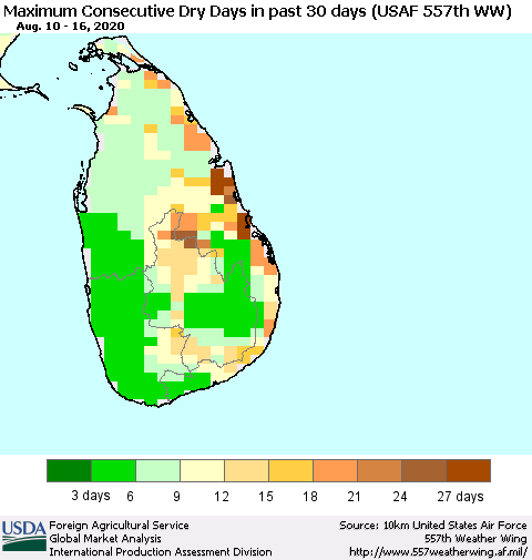 Sri Lanka Maximum Consecutive Dry Days in past 30 days (USAF 557th WW) 08/16/2020 Thematic Map For 8/10/2020 - 8/16/2020