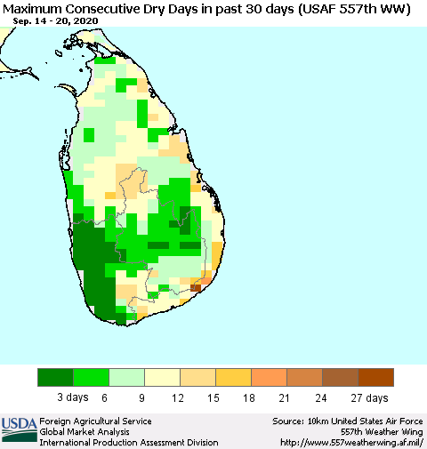 Sri Lanka Maximum Consecutive Dry Days in past 30 days (USAF 557th WW) 09/20/2020 Thematic Map For 9/14/2020 - 9/20/2020