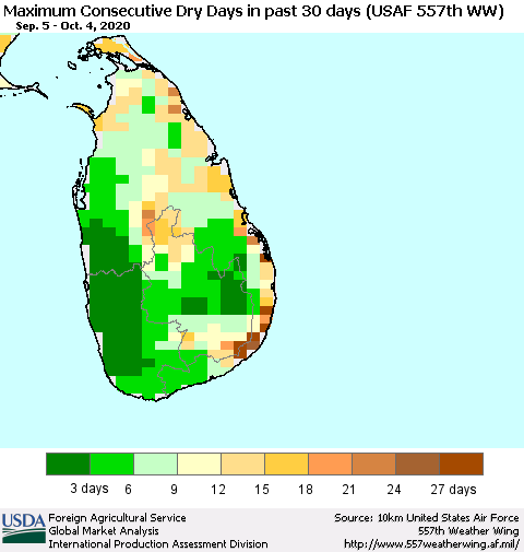 Sri Lanka Maximum Consecutive Dry Days in past 30 days (USAF 557th WW) 10/04/2020 Thematic Map For 9/28/2020 - 10/4/2020