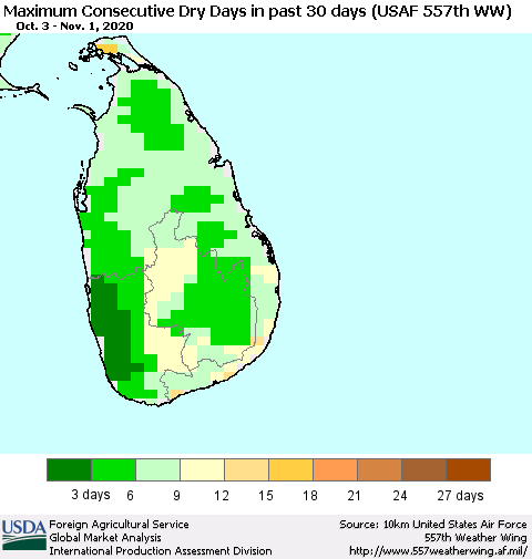 Sri Lanka Maximum Consecutive Dry Days in past 30 days (USAF 557th WW) 11/01/2020 Thematic Map For 10/26/2020 - 11/1/2020