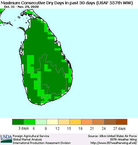 Sri Lanka Maximum Consecutive Dry Days in past 30 days (USAF 557th WW) 11/29/2020 Thematic Map For 11/23/2020 - 11/29/2020