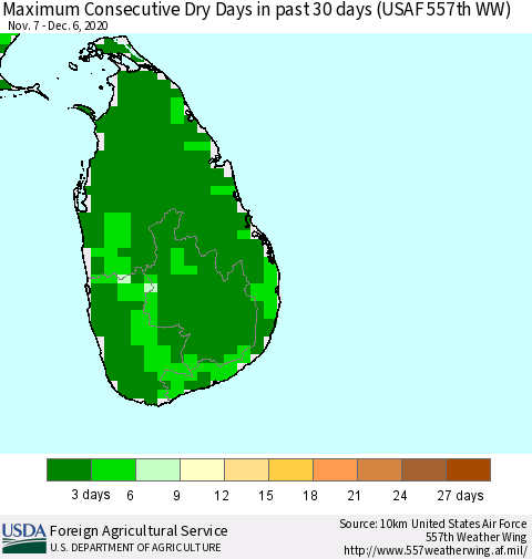 Sri Lanka Maximum Consecutive Dry Days in past 30 days (USAF 557th WW) 12/06/2020 Thematic Map For 11/30/2020 - 12/6/2020