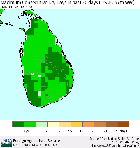 Sri Lanka Maximum Consecutive Dry Days in past 30 days (USAF 557th WW) 12/13/2020 Thematic Map For 12/7/2020 - 12/13/2020