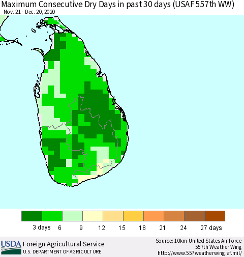 Sri Lanka Maximum Consecutive Dry Days in past 30 days (USAF 557th WW) 12/20/2020 Thematic Map For 12/14/2020 - 12/20/2020