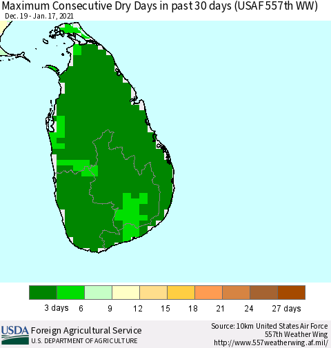 Sri Lanka Maximum Consecutive Dry Days in past 30 days (USAF 557th WW) 01/17/2021 Thematic Map For 1/11/2021 - 1/17/2021