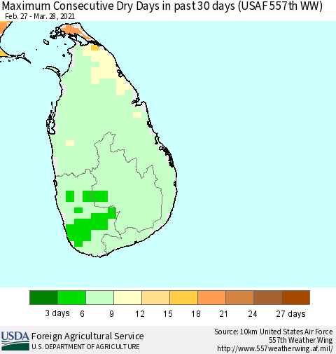 Sri Lanka Maximum Consecutive Dry Days in past 30 days (USAF 557th WW) 03/28/2021 Thematic Map For 3/22/2021 - 3/28/2021