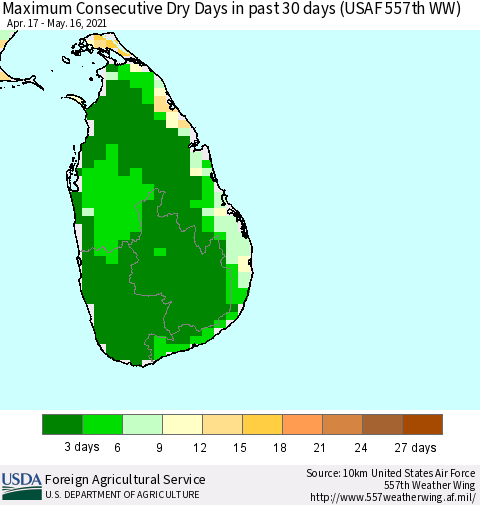 Sri Lanka Maximum Consecutive Dry Days in past 30 days (USAF 557th WW) 05/16/2021 Thematic Map For 5/10/2021 - 5/16/2021