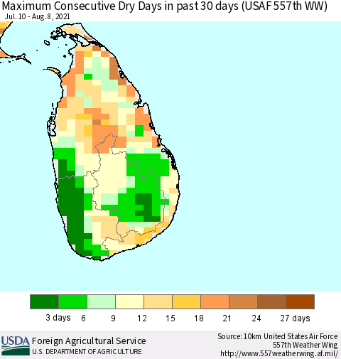 Sri Lanka Maximum Consecutive Dry Days in past 30 days (USAF 557th WW) 08/08/2021 Thematic Map For 8/2/2021 - 8/8/2021