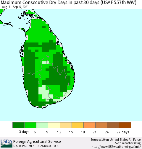 Sri Lanka Maximum Consecutive Dry Days in past 30 days (USAF 557th WW) 09/05/2021 Thematic Map For 8/30/2021 - 9/5/2021
