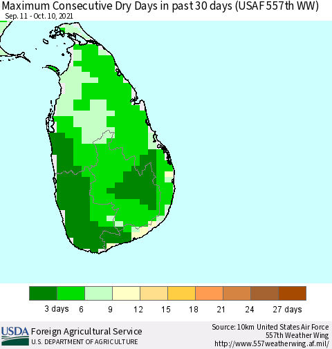Sri Lanka Maximum Consecutive Dry Days in past 30 days (USAF 557th WW) 10/10/2021 Thematic Map For 10/4/2021 - 10/10/2021